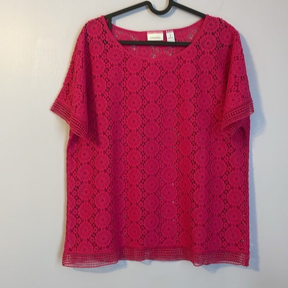 Chico's Sweaters - Chico’s Bright Pink Crochet Knit Sweater Top size 1 (M/8)